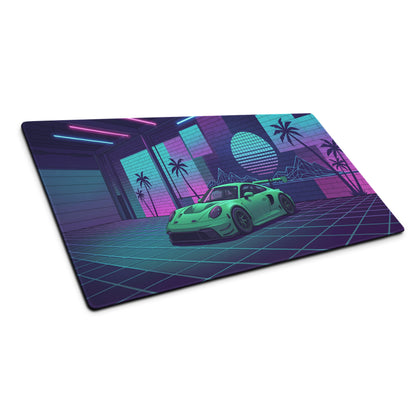 Porsche 911 GT3 R Inspired Green Vaporwave Gaming Mouse Pad – Neon Cyan Pink Garage Desk Mat with Palm Trees, Retro Grid and Synthwave Sunset Art