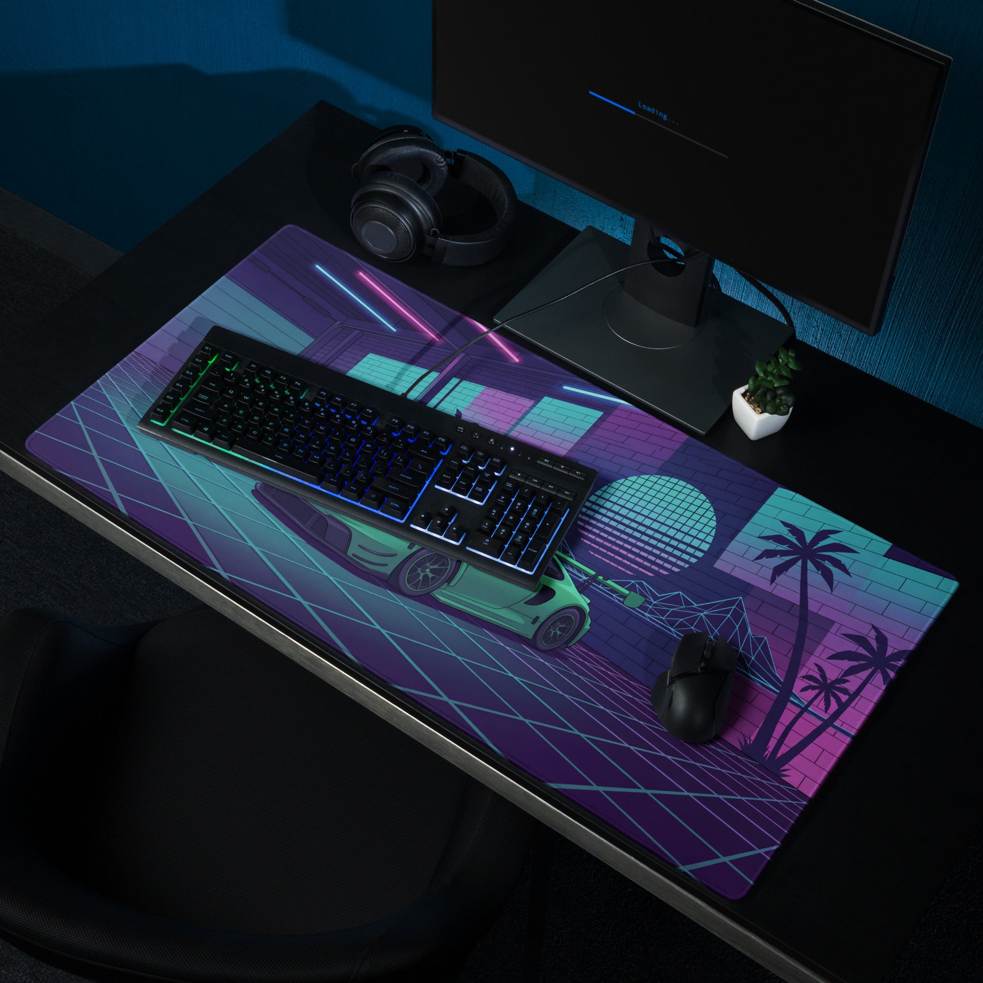 Porsche 911 GT3 R Inspired Green Vaporwave Gaming Mouse Pad – Neon Cyan Pink Garage Desk Mat with Palm Trees, Retro Grid and Synthwave Sunset Art