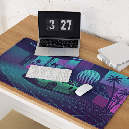 Porsche 911 GT3 R Inspired Green Vaporwave Gaming Mouse Pad – Neon Cyan Pink Garage Desk Mat with Palm Trees, Retro Grid and Synthwave Sunset Art