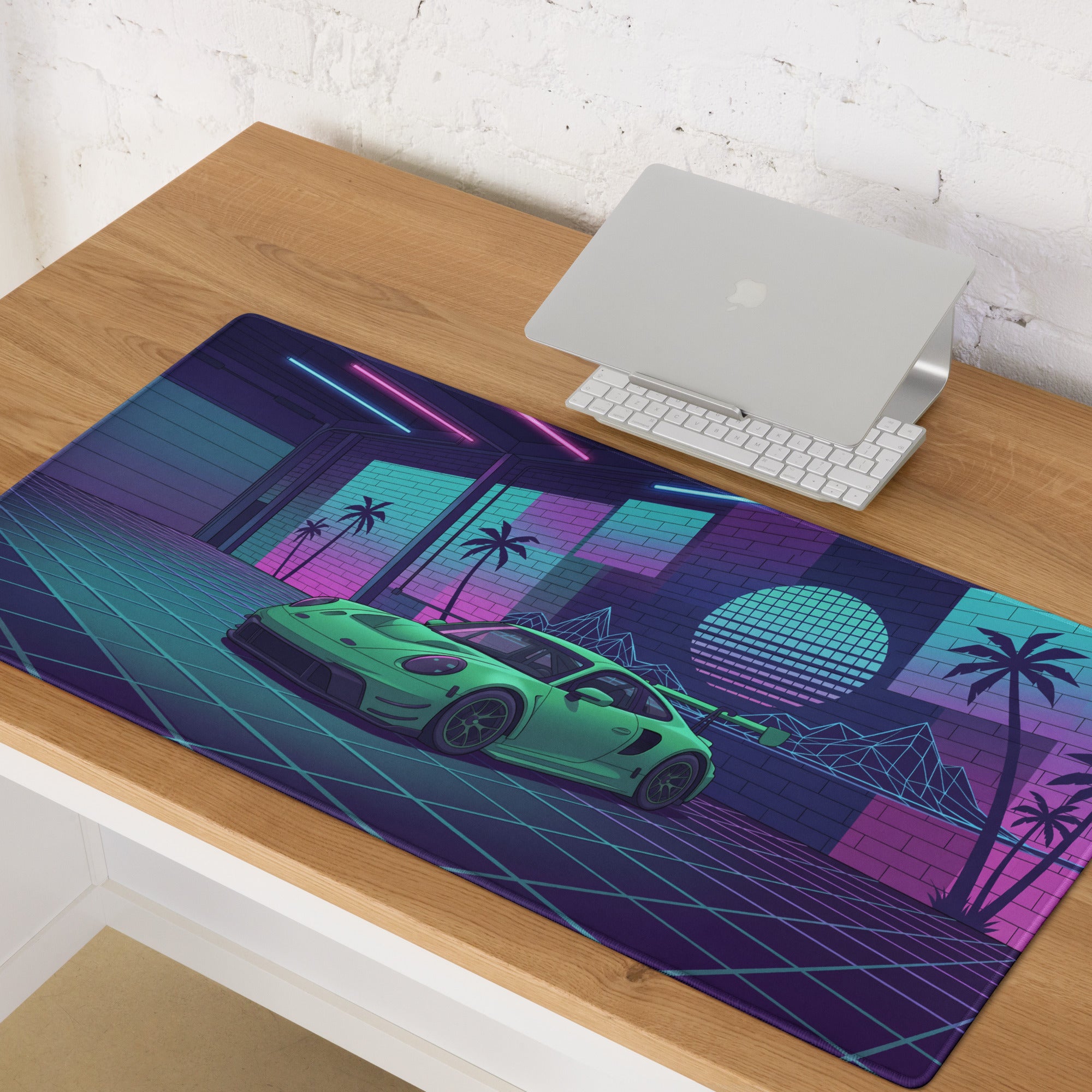 Porsche 911 GT3 R Inspired Green Vaporwave Gaming Mouse Pad – Neon Cyan Pink Garage Desk Mat with Palm Trees, Retro Grid and Synthwave Sunset Art