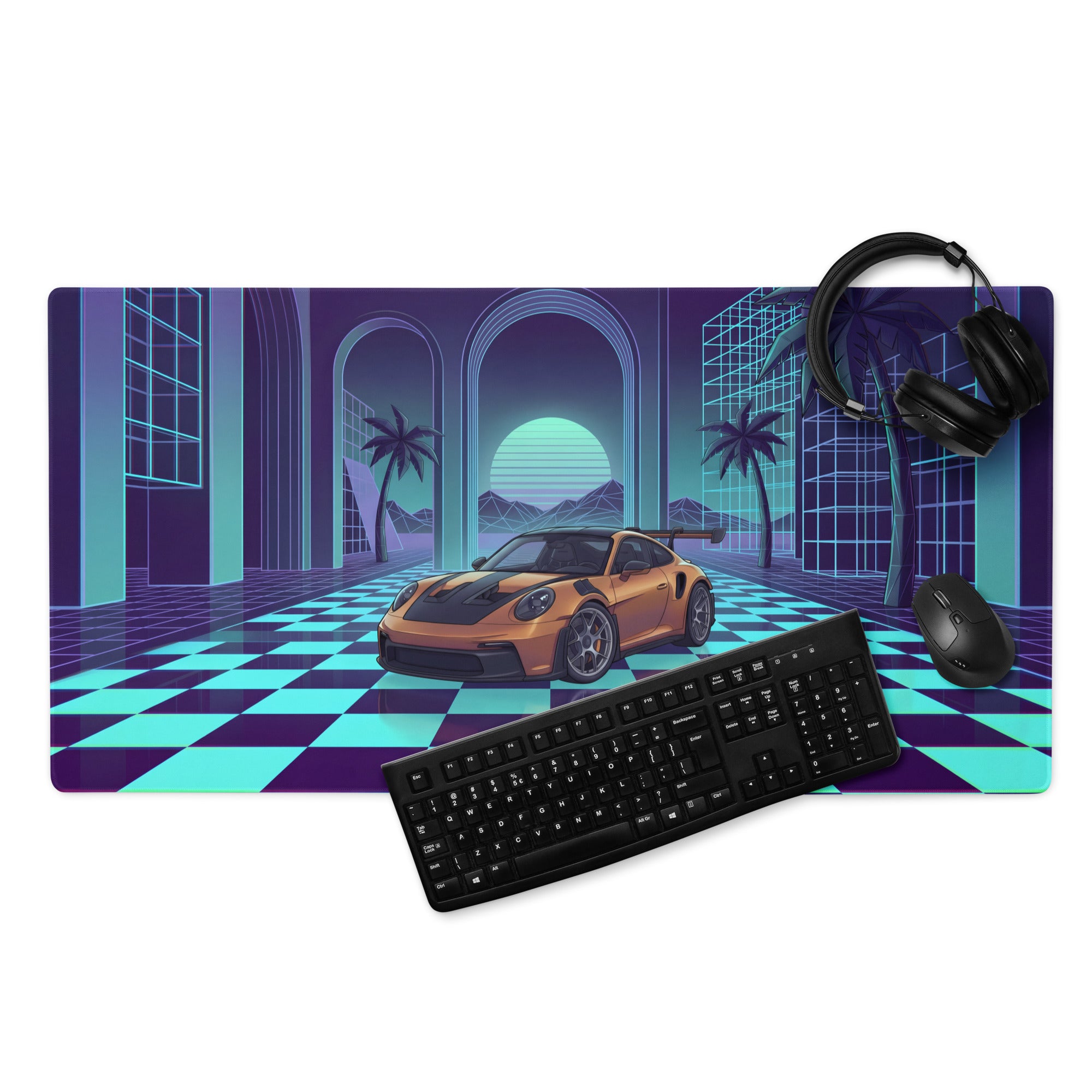 Porsche 911 GT3 R Inspired Bronze Vaporwave Gaming Mouse Pad – Neon Cyan Checkerboard Palace Desk Mat with Palm Trees and Retro Synthwave Sunset Art