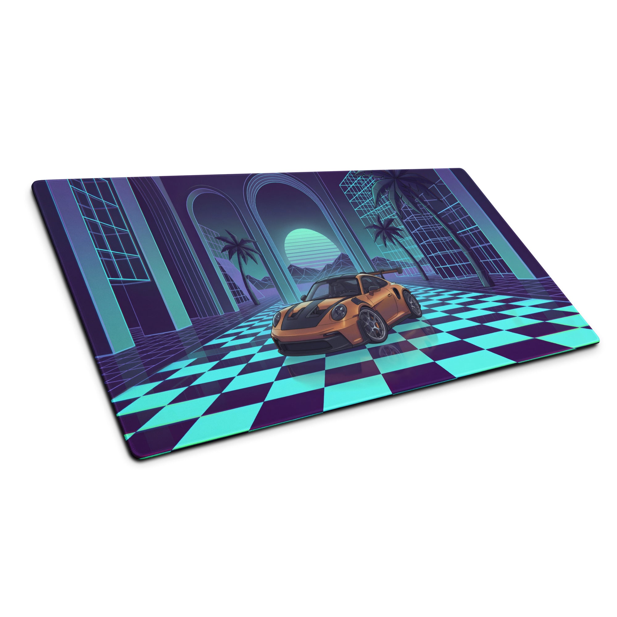 Porsche 911 GT3 R Inspired Bronze Vaporwave Gaming Mouse Pad – Neon Cyan Checkerboard Palace Desk Mat with Palm Trees and Retro Synthwave Sunset Art