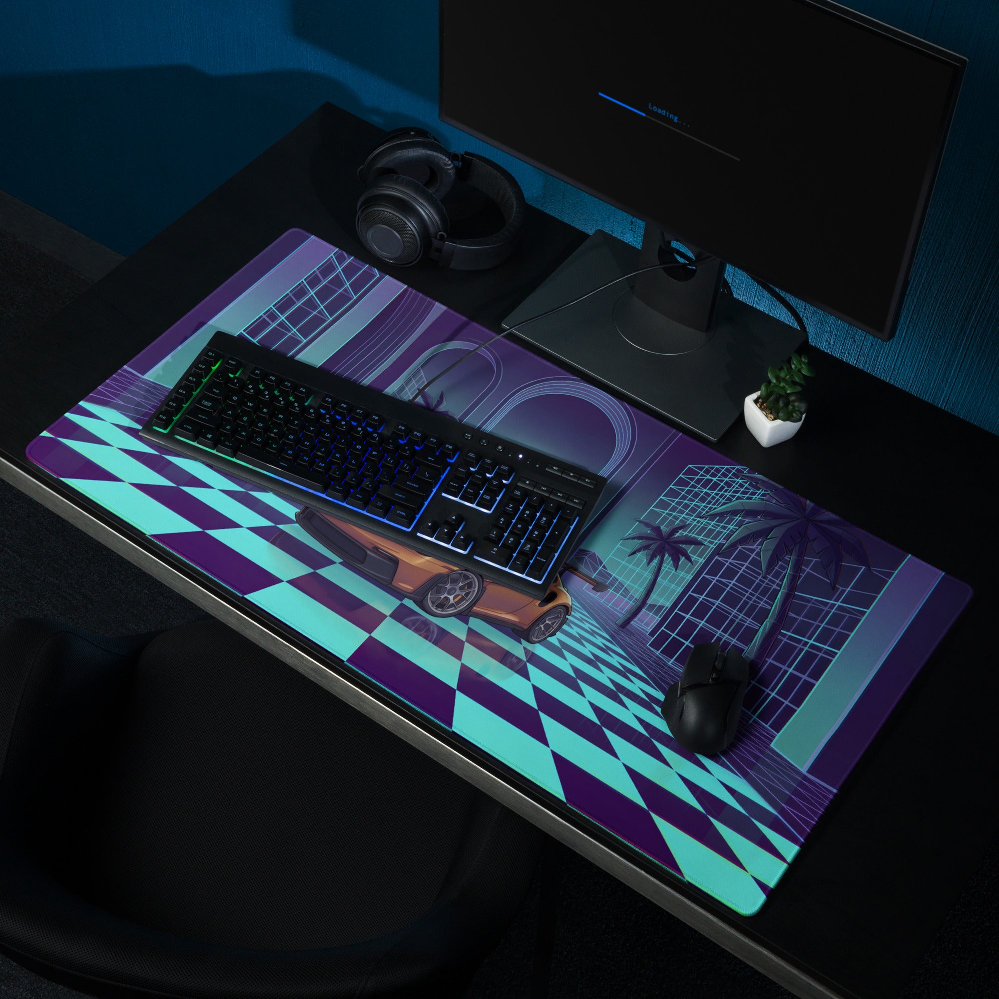 Porsche 911 GT3 R Inspired Bronze Vaporwave Gaming Mouse Pad – Neon Cyan Checkerboard Palace Desk Mat with Palm Trees and Retro Synthwave Sunset Art