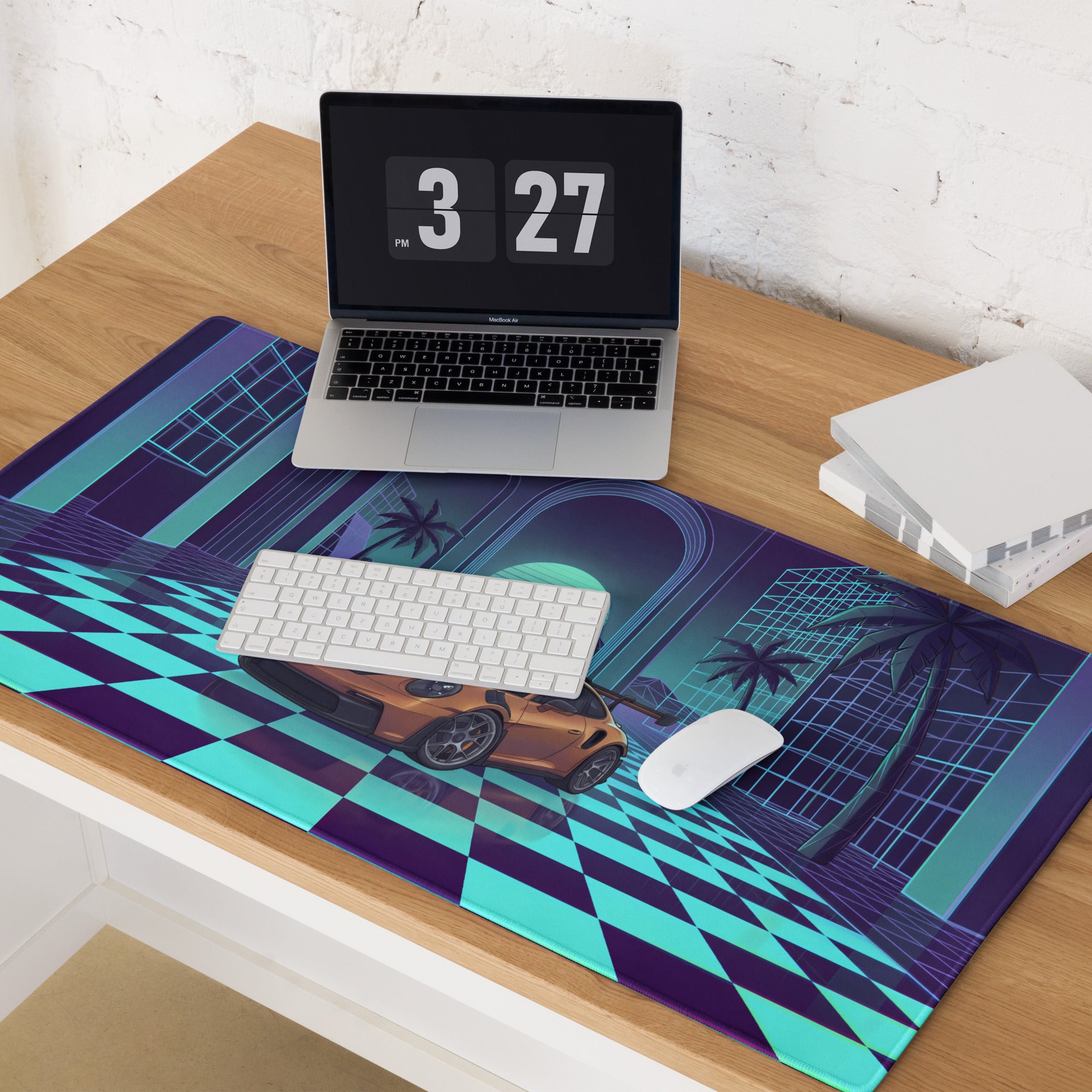 Porsche 911 GT3 R Inspired Bronze Vaporwave Gaming Mouse Pad – Neon Cyan Checkerboard Palace Desk Mat with Palm Trees and Retro Synthwave Sunset Art
