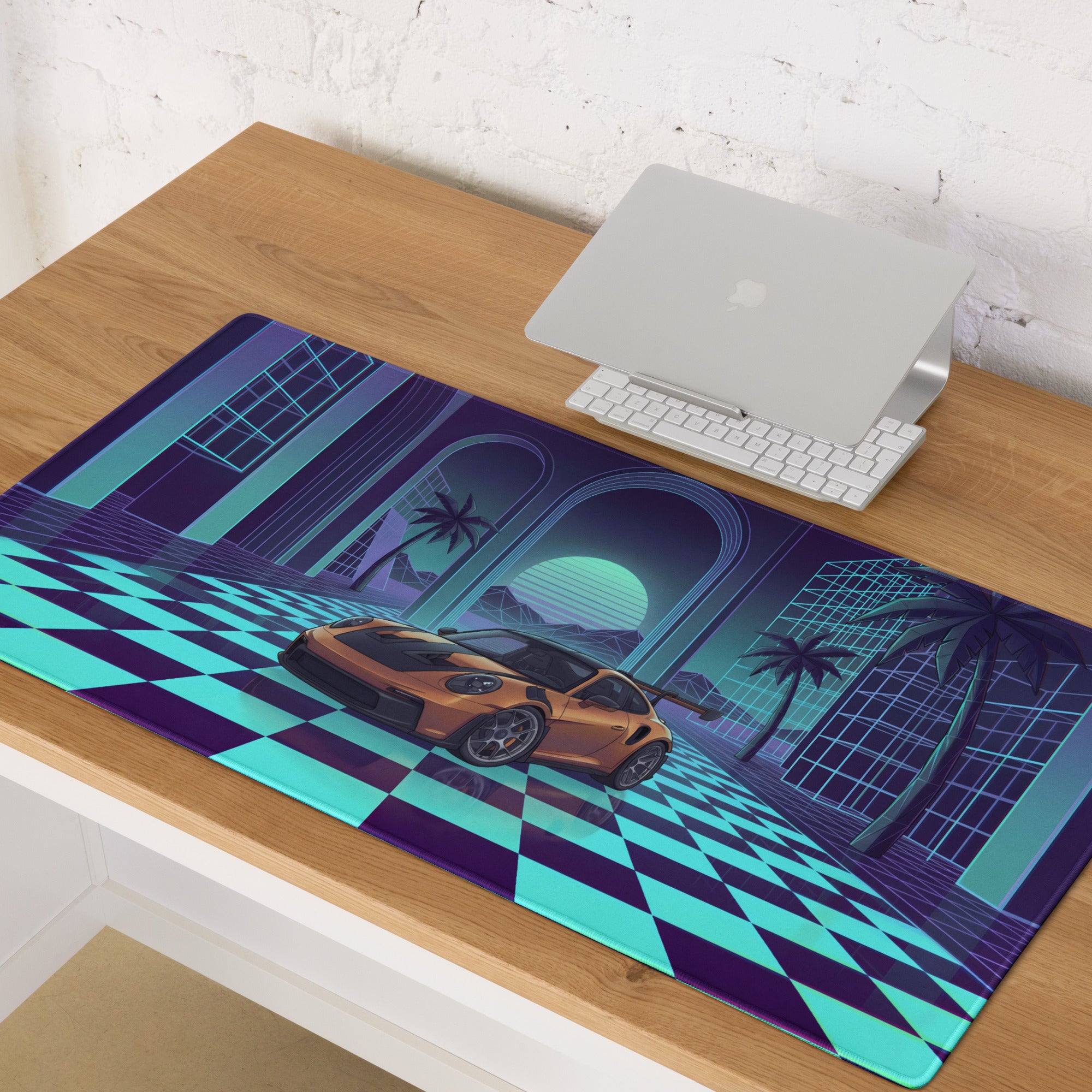 Porsche 911 GT3 R Inspired Bronze Vaporwave Gaming Mouse Pad – Neon Cyan Checkerboard Palace Desk Mat with Palm Trees and Retro Synthwave Sunset Art