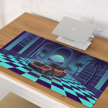 Porsche 911 GT3 R Inspired Bronze Vaporwave Gaming Mouse Pad – Neon Cyan Checkerboard Palace Desk Mat with Palm Trees and Retro Synthwave Sunset Art