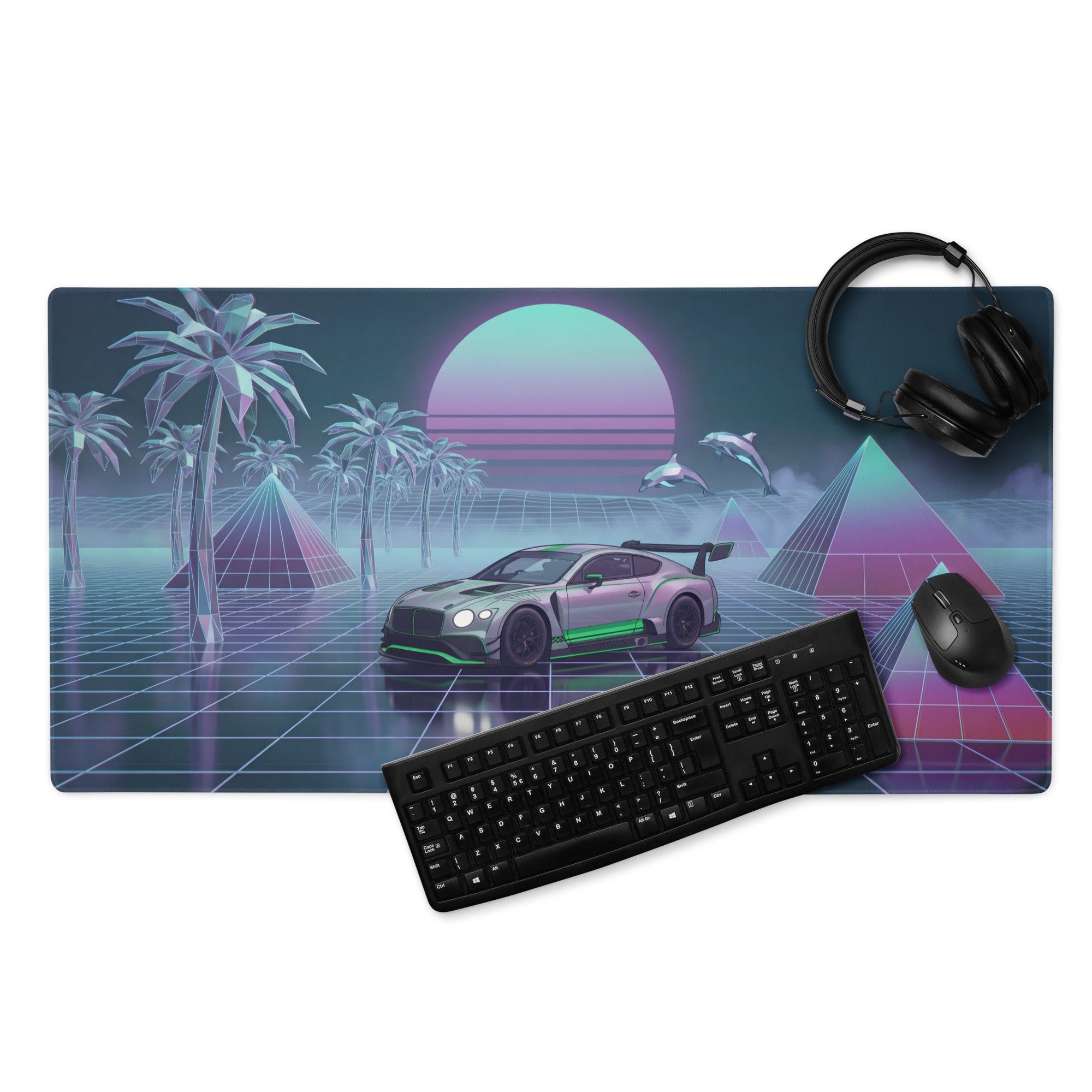 Bentley Continental GT3 Inspired Silver Green Vaporwave Gaming Mouse Pad – Neon Grid Tropical Desk Mat with Palm Trees, Dolphins and Retro Synthwave Sunset Art