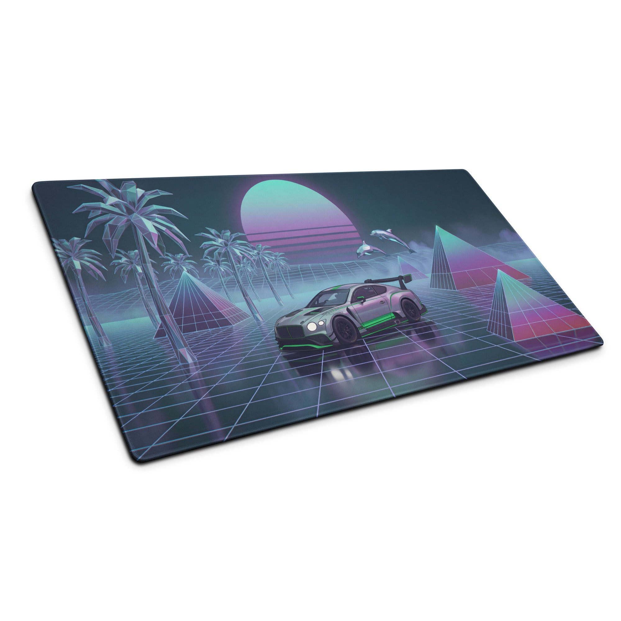 Bentley Continental GT3 Inspired Silver Green Vaporwave Gaming Mouse Pad – Neon Grid Tropical Desk Mat with Palm Trees, Dolphins and Retro Synthwave Sunset Art