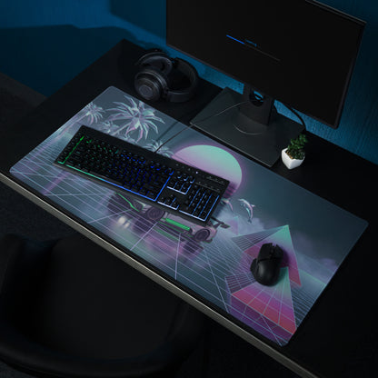 Bentley Continental GT3 Inspired Silver Green Vaporwave Gaming Mouse Pad – Neon Grid Tropical Desk Mat with Palm Trees, Dolphins and Retro Synthwave Sunset Art