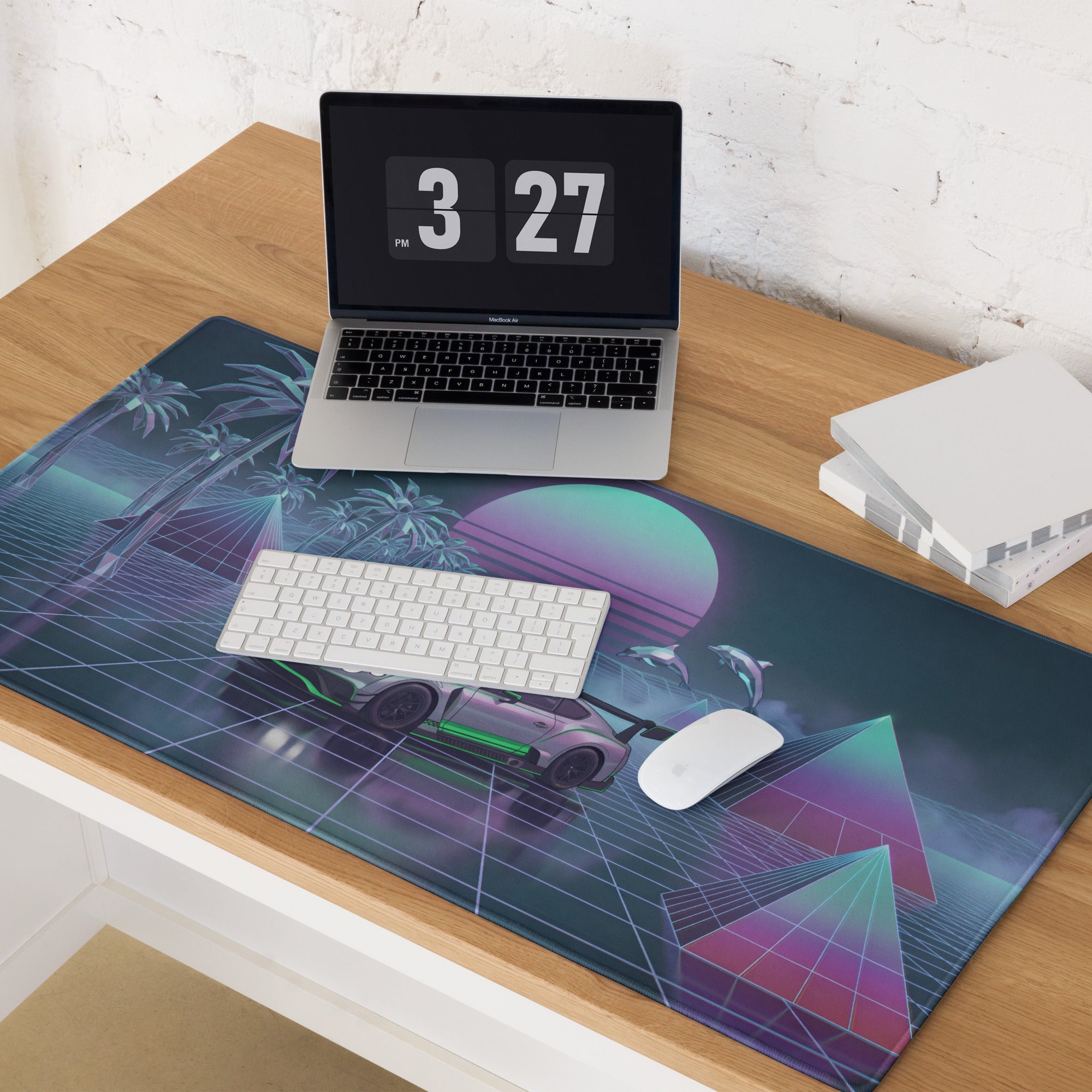 Bentley Continental GT3 Inspired Silver Green Vaporwave Gaming Mouse Pad – Neon Grid Tropical Desk Mat with Palm Trees, Dolphins and Retro Synthwave Sunset Art