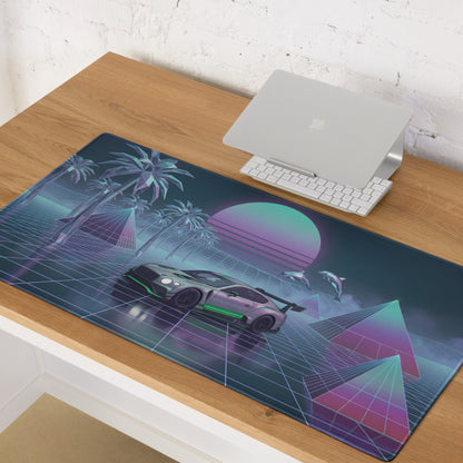Bentley Continental GT3 Inspired Silver Green Vaporwave Gaming Mouse Pad – Neon Grid Tropical Desk Mat with Palm Trees, Dolphins and Retro Synthwave Sunset Art