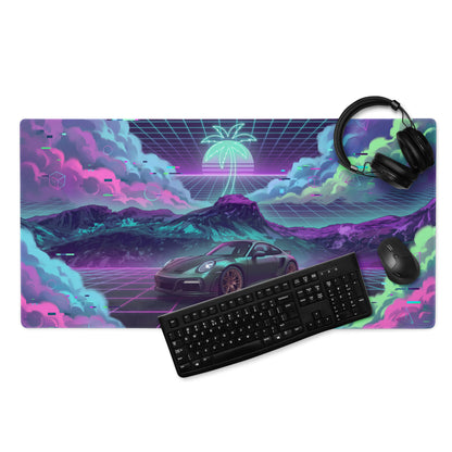 Porsche 911 Turbo S Inspired Dark Teal Vaporwave Gaming Mouse Pad – Neon Pink Cyan Grid Desk Mat with Glitch Clouds, Mountains and Retro Synthwave Art