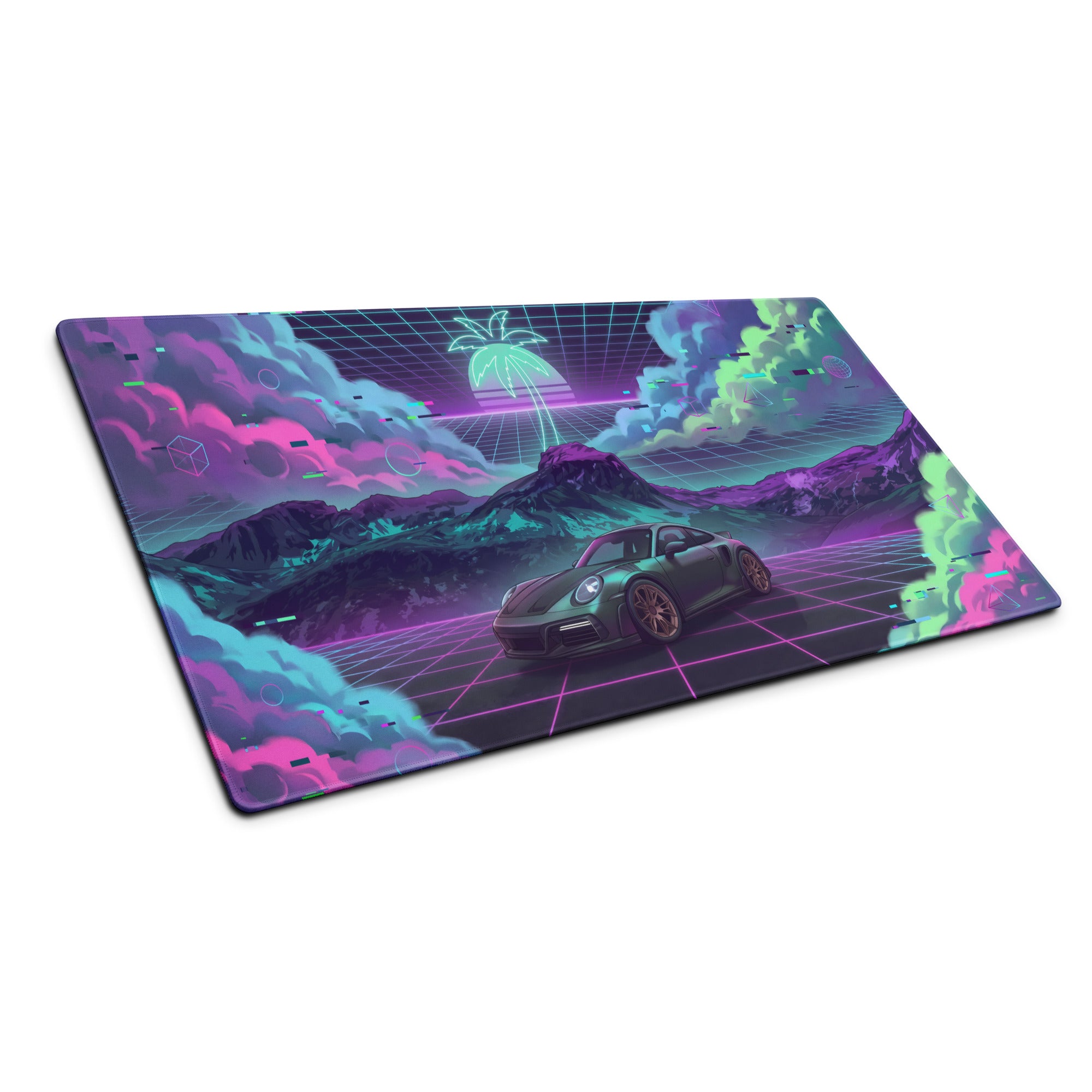 Porsche 911 Turbo S Inspired Dark Teal Vaporwave Gaming Mouse Pad – Neon Pink Cyan Grid Desk Mat with Glitch Clouds, Mountains and Retro Synthwave Art