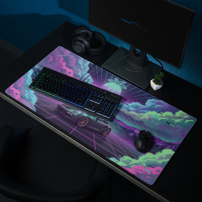 Porsche 911 Turbo S Inspired Dark Teal Vaporwave Gaming Mouse Pad – Neon Pink Cyan Grid Desk Mat with Glitch Clouds, Mountains and Retro Synthwave Art