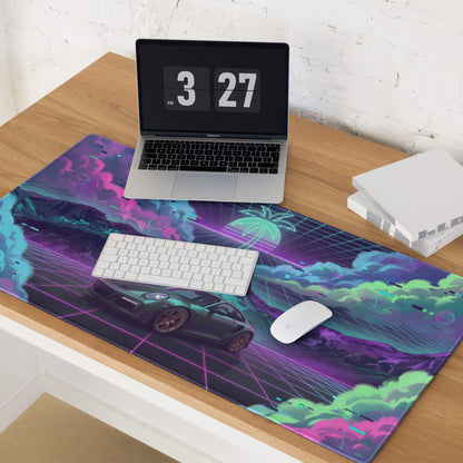 Porsche 911 Turbo S Inspired Dark Teal Vaporwave Gaming Mouse Pad – Neon Pink Cyan Grid Desk Mat with Glitch Clouds, Mountains and Retro Synthwave Art