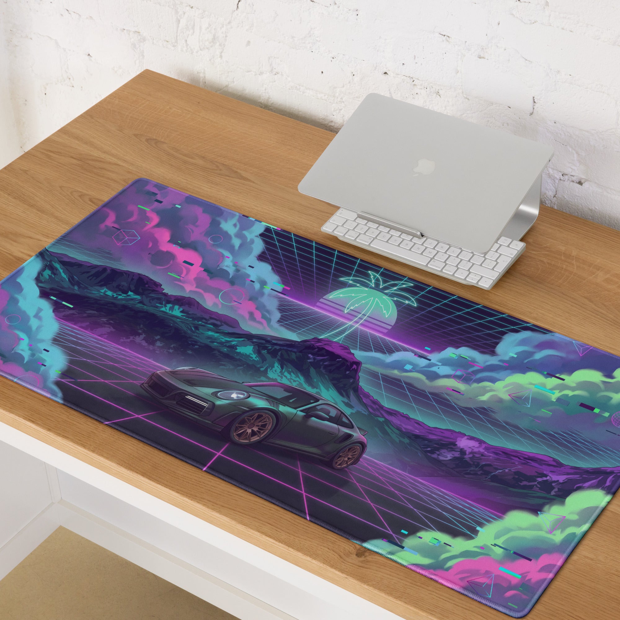 Porsche 911 Turbo S Inspired Dark Teal Vaporwave Gaming Mouse Pad – Neon Pink Cyan Grid Desk Mat with Glitch Clouds, Mountains and Retro Synthwave Art
