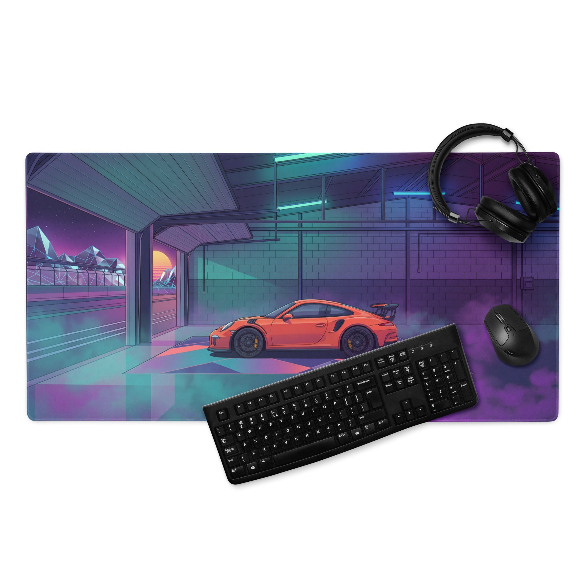 Porsche 911 GT3 Inspired Orange Vaporwave Gaming Mouse Pad – Neon Cyan Purple Garage Desk Mat with Retro Futuristic Sunset and Synthwave Racing Art