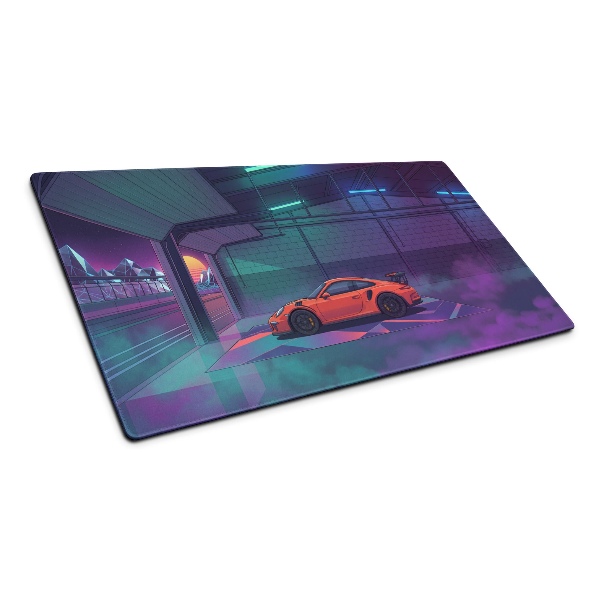 Porsche 911 GT3 Inspired Orange Vaporwave Gaming Mouse Pad – Neon Cyan Purple Garage Desk Mat with Retro Futuristic Sunset and Synthwave Racing Art