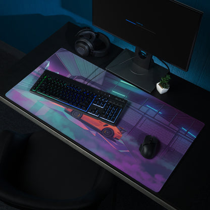Porsche 911 GT3 Inspired Orange Vaporwave Gaming Mouse Pad – Neon Cyan Purple Garage Desk Mat with Retro Futuristic Sunset and Synthwave Racing Art