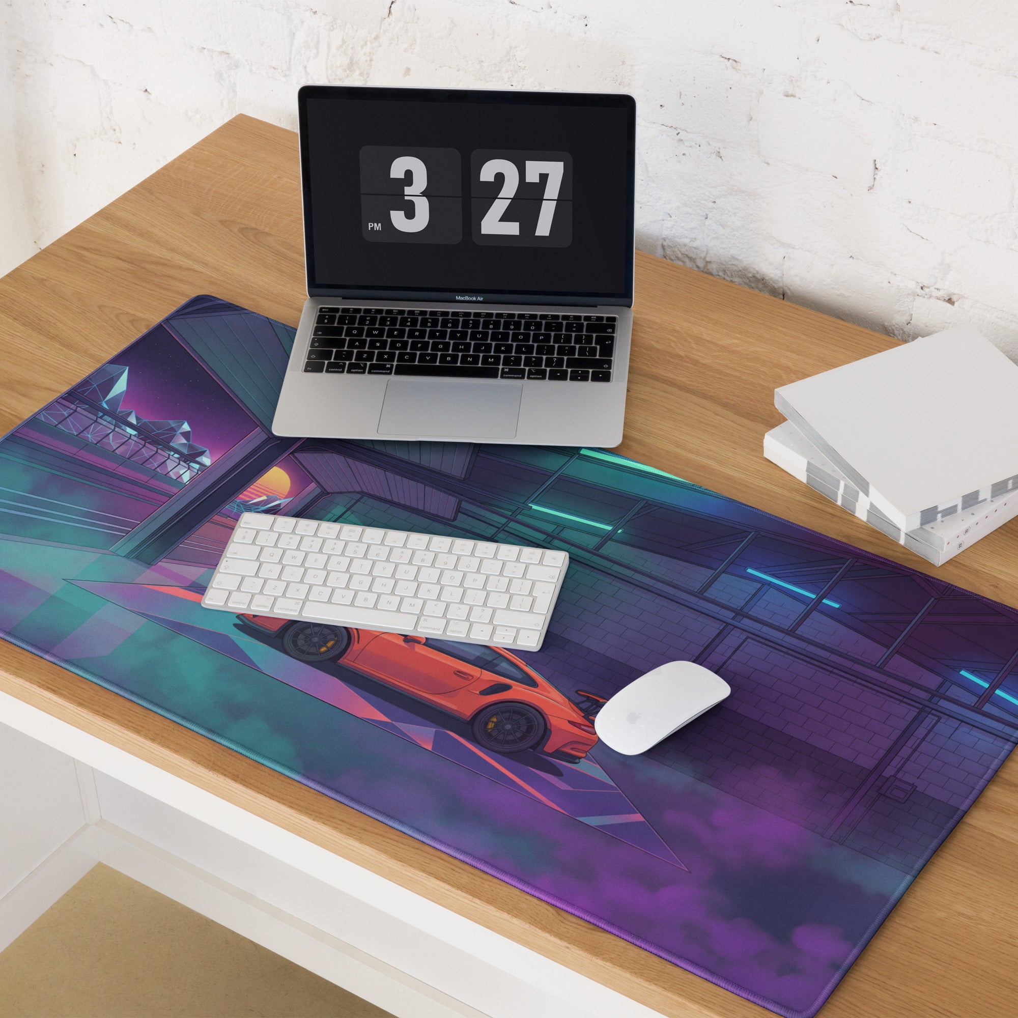 Porsche 911 GT3 Inspired Orange Vaporwave Gaming Mouse Pad – Neon Cyan Purple Garage Desk Mat with Retro Futuristic Sunset and Synthwave Racing Art
