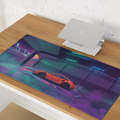 Porsche 911 GT3 Inspired Orange Vaporwave Gaming Mouse Pad – Neon Cyan Purple Garage Desk Mat with Retro Futuristic Sunset and Synthwave Racing Art