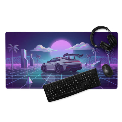 Porsche 911 GT3 RS Inspired White Purple Vaporwave Gaming Mouse Pad – Neon Grid Sunset Desk Mat with Geometric Palms, Retro Futuristic Landscape and Synthwave Art