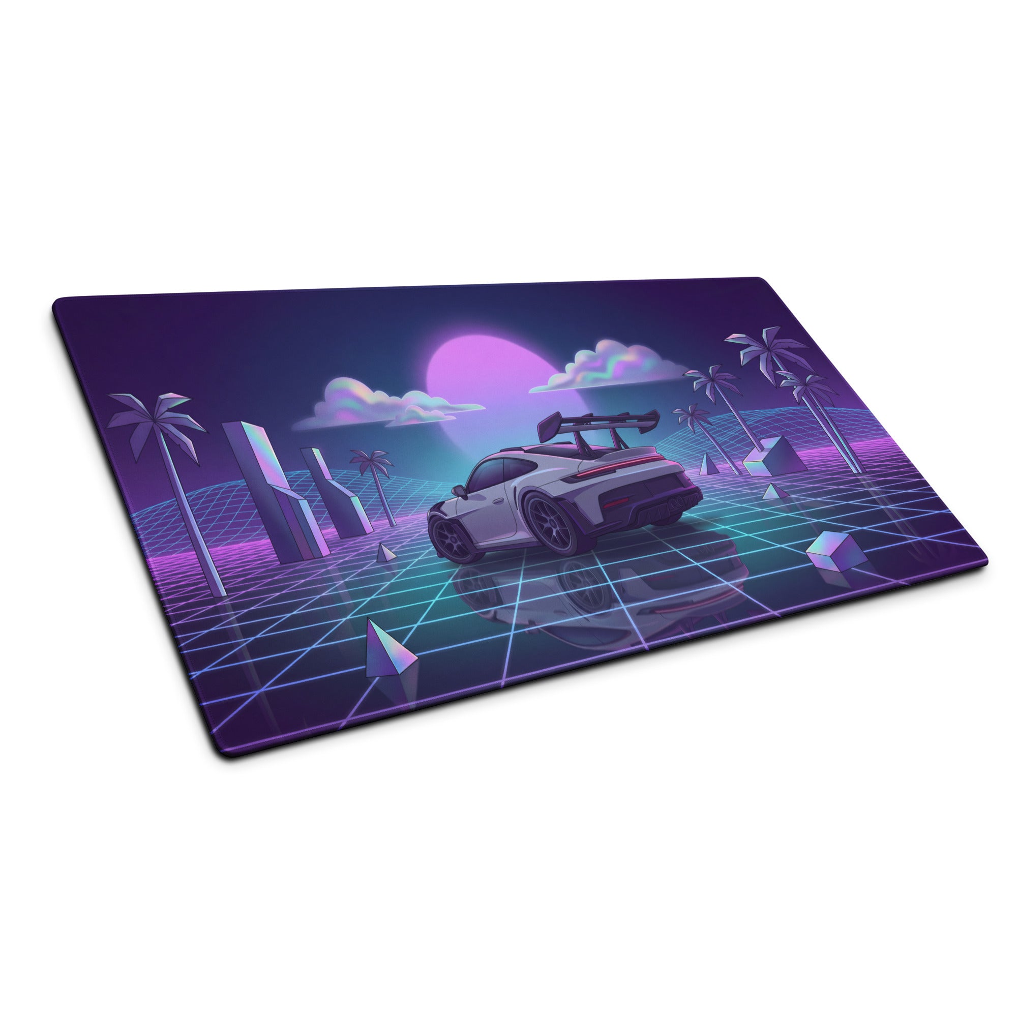 Porsche 911 GT3 RS Inspired White Purple Vaporwave Gaming Mouse Pad – Neon Grid Sunset Desk Mat with Geometric Palms, Retro Futuristic Landscape and Synthwave Art