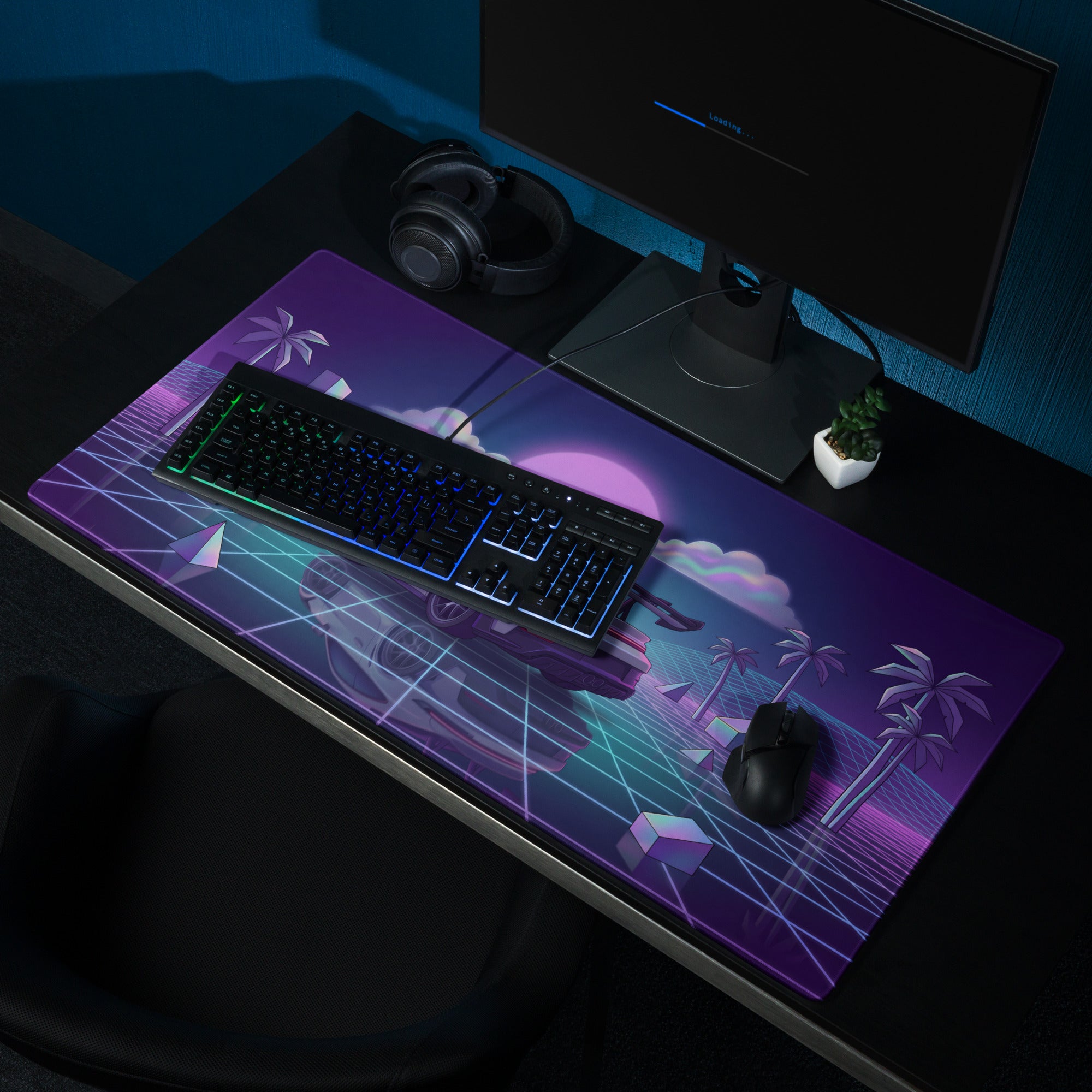 Porsche 911 GT3 RS Inspired White Purple Vaporwave Gaming Mouse Pad – Neon Grid Sunset Desk Mat with Geometric Palms, Retro Futuristic Landscape and Synthwave Art