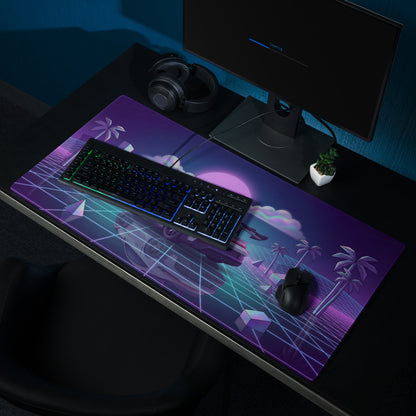 Porsche 911 GT3 RS Inspired White Purple Vaporwave Gaming Mouse Pad – Neon Grid Sunset Desk Mat with Geometric Palms, Retro Futuristic Landscape and Synthwave Art