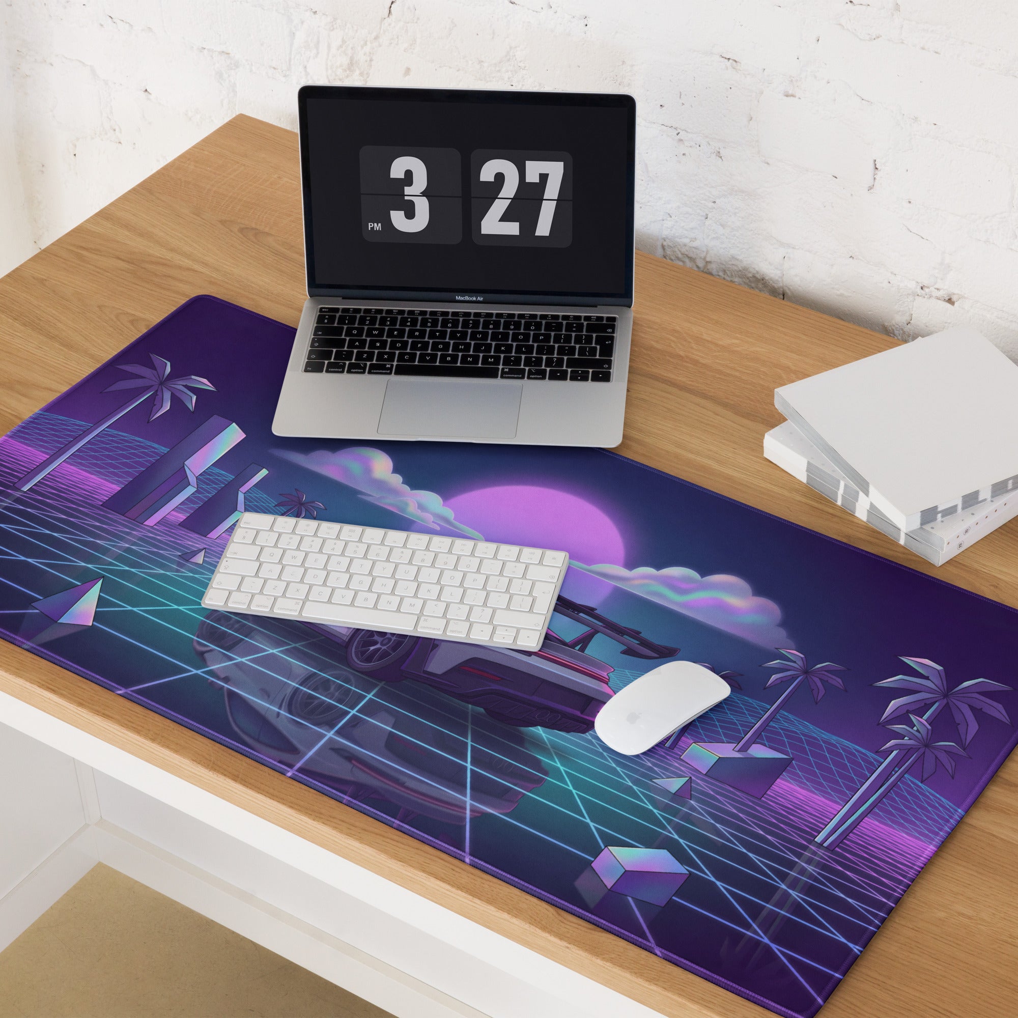 Porsche 911 GT3 RS Inspired White Purple Vaporwave Gaming Mouse Pad – Neon Grid Sunset Desk Mat with Geometric Palms, Retro Futuristic Landscape and Synthwave Art