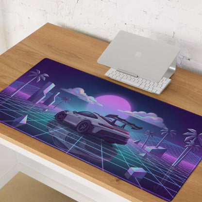 Porsche 911 GT3 RS Inspired White Purple Vaporwave Gaming Mouse Pad – Neon Grid Sunset Desk Mat with Geometric Palms, Retro Futuristic Landscape and Synthwave Art
