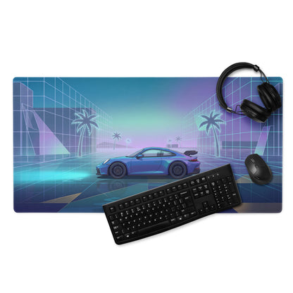 Porsche 911 GT3 Inspired Blue Vaporwave Gaming Mouse Pad – Neon Cyan Glass City Desk Mat with Palm Trees, Reflective Grid and Retro Futuristic Synthwave Art