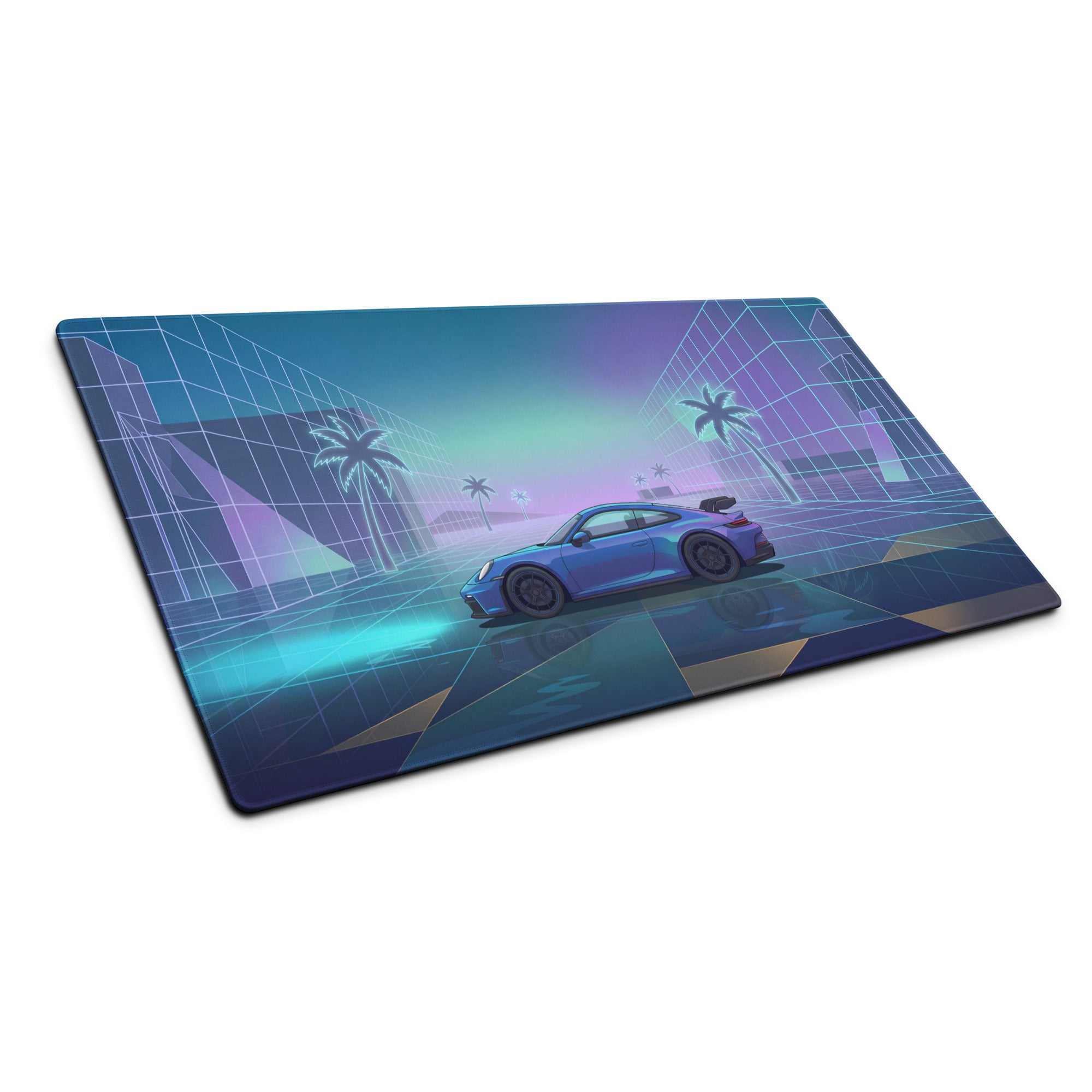 Porsche 911 GT3 Inspired Blue Vaporwave Gaming Mouse Pad – Neon Cyan Glass City Desk Mat with Palm Trees, Reflective Grid and Retro Futuristic Synthwave Art