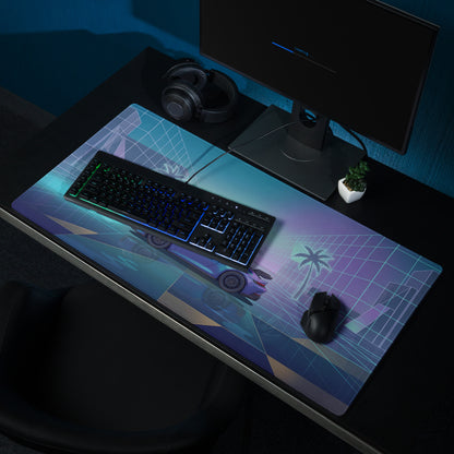 Porsche 911 GT3 Inspired Blue Vaporwave Gaming Mouse Pad – Neon Cyan Glass City Desk Mat with Palm Trees, Reflective Grid and Retro Futuristic Synthwave Art