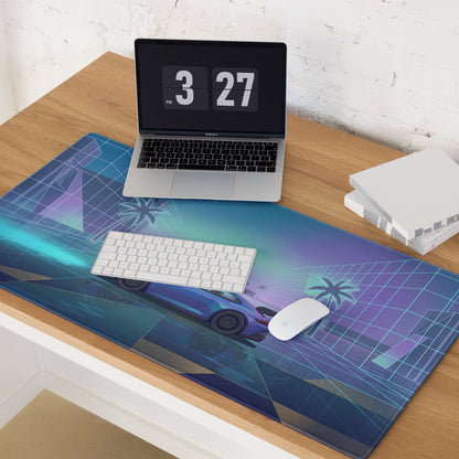 Porsche 911 GT3 Inspired Blue Vaporwave Gaming Mouse Pad – Neon Cyan Glass City Desk Mat with Palm Trees, Reflective Grid and Retro Futuristic Synthwave Art