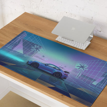 Porsche 911 GT3 Inspired Blue Vaporwave Gaming Mouse Pad – Neon Cyan Glass City Desk Mat with Palm Trees, Reflective Grid and Retro Futuristic Synthwave Art