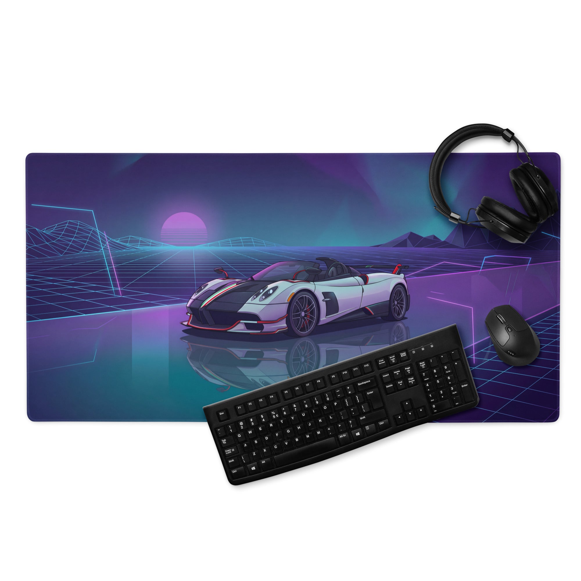 Pagani Huayra Roadster BC Inspired White Vaporwave Gaming Mouse Pad – Neon Purple Cyan Grid Desk Mat with Retro Futuristic Mountains and