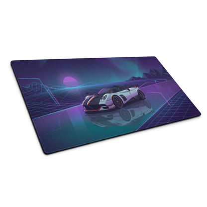Pagani Huayra Roadster BC Inspired White Vaporwave Gaming Mouse Pad – Neon Purple Cyan Grid Desk Mat with Retro Futuristic Mountains and