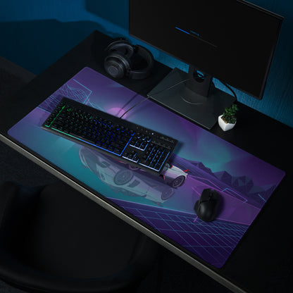 Pagani Huayra Roadster BC Inspired White Vaporwave Gaming Mouse Pad – Neon Purple Cyan Grid Desk Mat with Retro Futuristic Mountains and