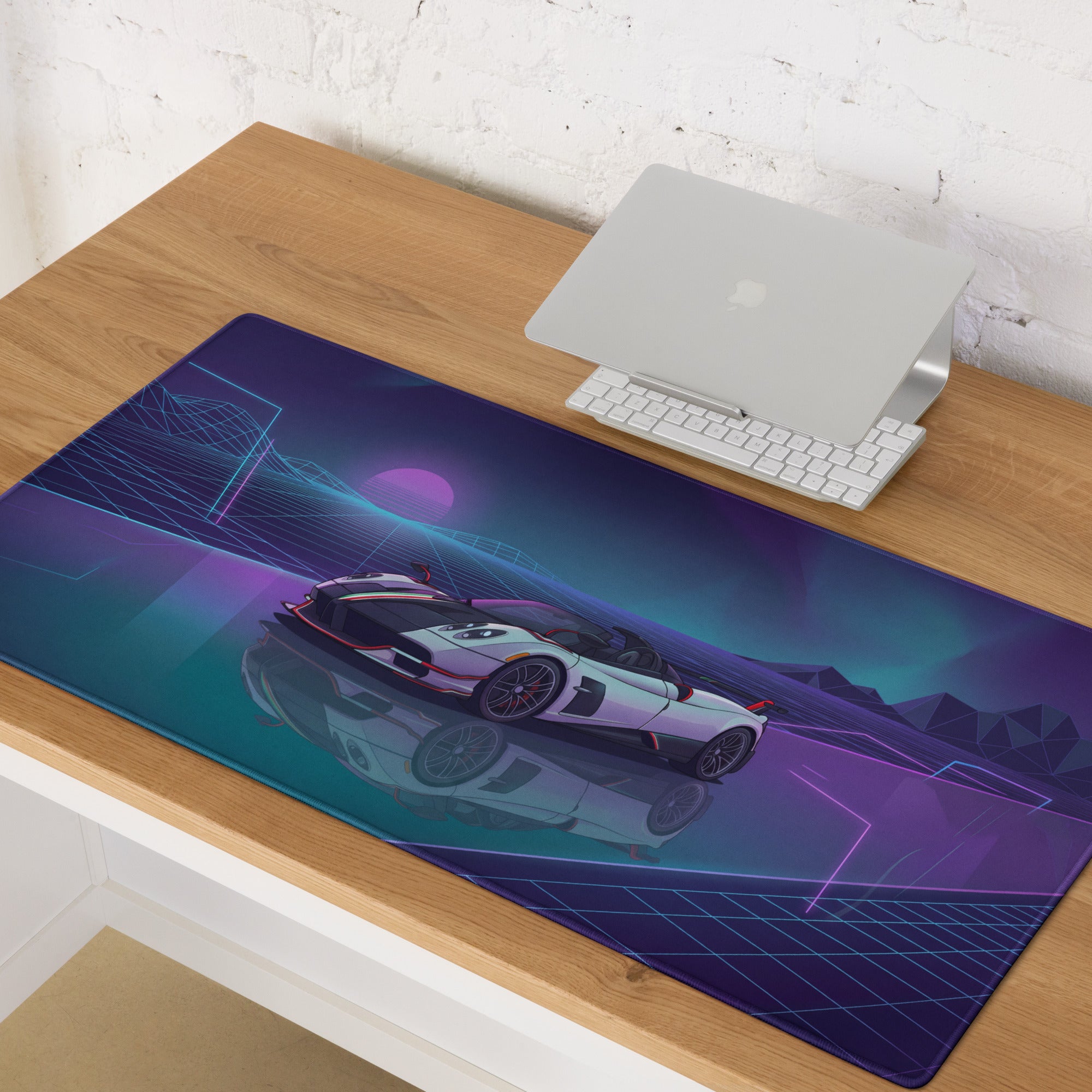 Pagani Huayra Roadster BC Inspired White Vaporwave Gaming Mouse Pad – Neon Purple Cyan Grid Desk Mat with Retro Futuristic Mountains and