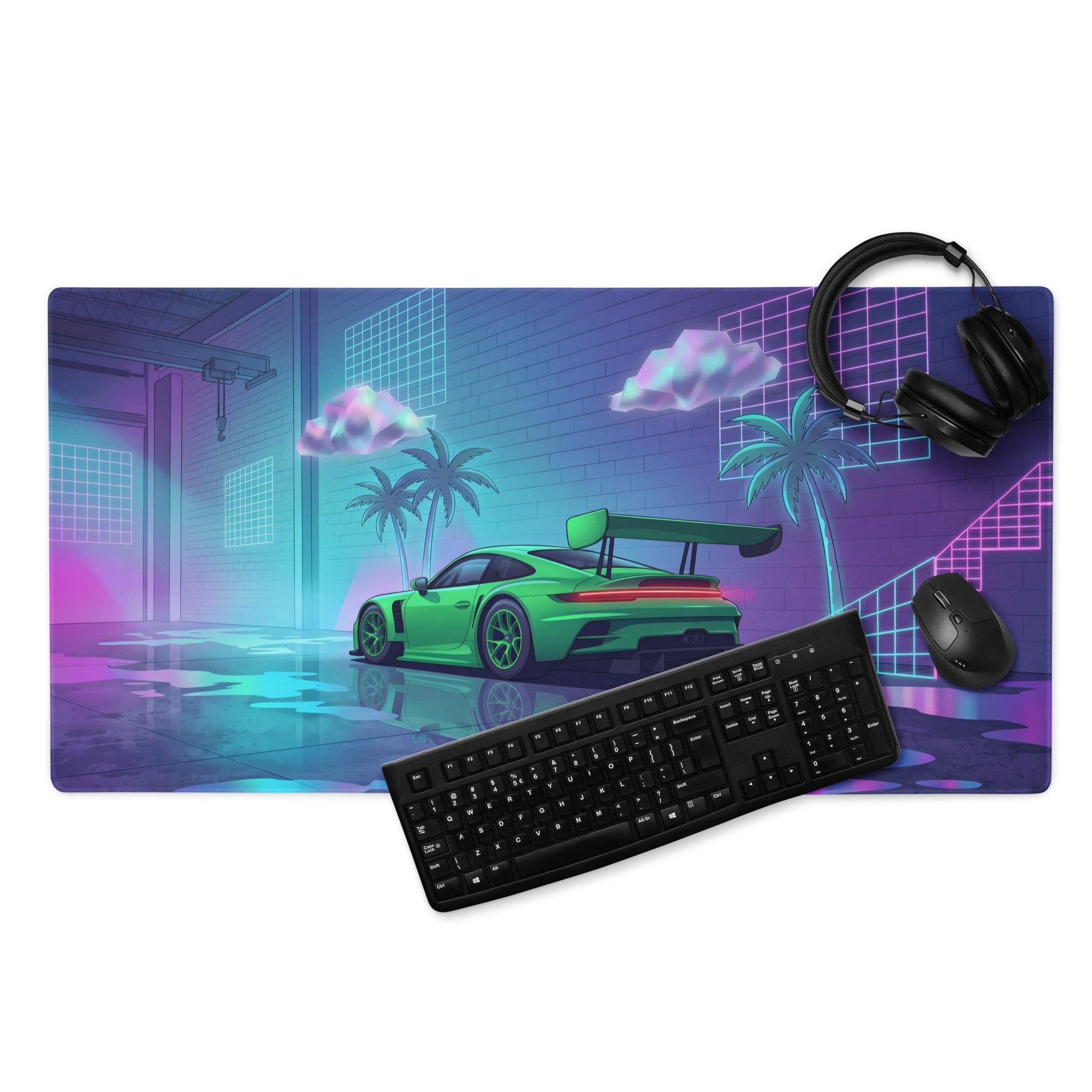 Porsche 911 GT3 R Inspired Green Vaporwave Gaming Mouse Pad – Neon Cyan Pink Garage Desk Mat with Palm Trees, Reflective Floor and Retro Synthwave Art