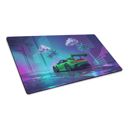 Porsche 911 GT3 R Inspired Green Vaporwave Gaming Mouse Pad – Neon Cyan Pink Garage Desk Mat with Palm Trees, Reflective Floor and Retro Synthwave Art