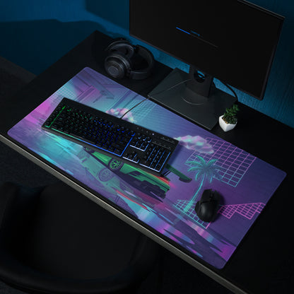 Porsche 911 GT3 R Inspired Green Vaporwave Gaming Mouse Pad – Neon Cyan Pink Garage Desk Mat with Palm Trees, Reflective Floor and Retro Synthwave Art