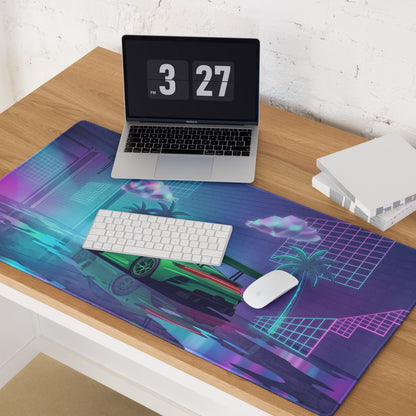 Porsche 911 GT3 R Inspired Green Vaporwave Gaming Mouse Pad – Neon Cyan Pink Garage Desk Mat with Palm Trees, Reflective Floor and Retro Synthwave Art