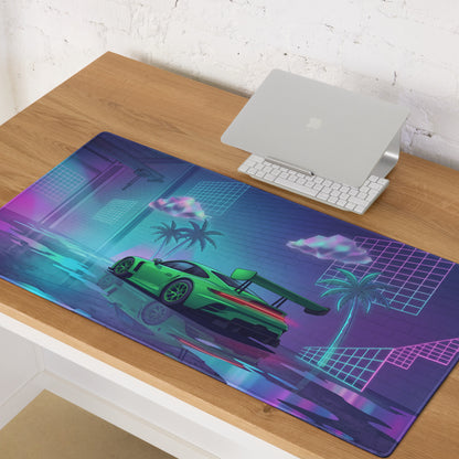 Porsche 911 GT3 R Inspired Green Vaporwave Gaming Mouse Pad – Neon Cyan Pink Garage Desk Mat with Palm Trees, Reflective Floor and Retro Synthwave Art
