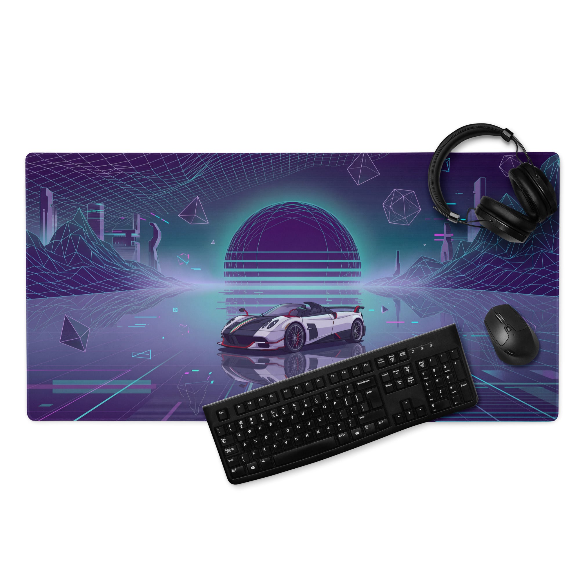 Pagani Huayra Roadster BC Inspired White Vaporwave Gaming Mouse Pad – Neon Cyan Purple Grid Desk Mat with Geometric Mountains and Futuristic Synthwave Art
