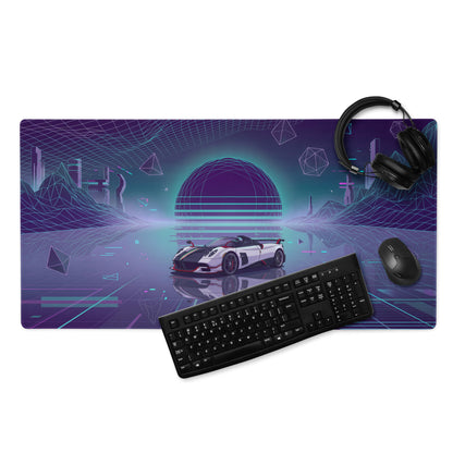 Pagani Huayra Roadster BC Inspired White Vaporwave Gaming Mouse Pad – Neon Cyan Purple Grid Desk Mat with Geometric Mountains and Futuristic Synthwave Art