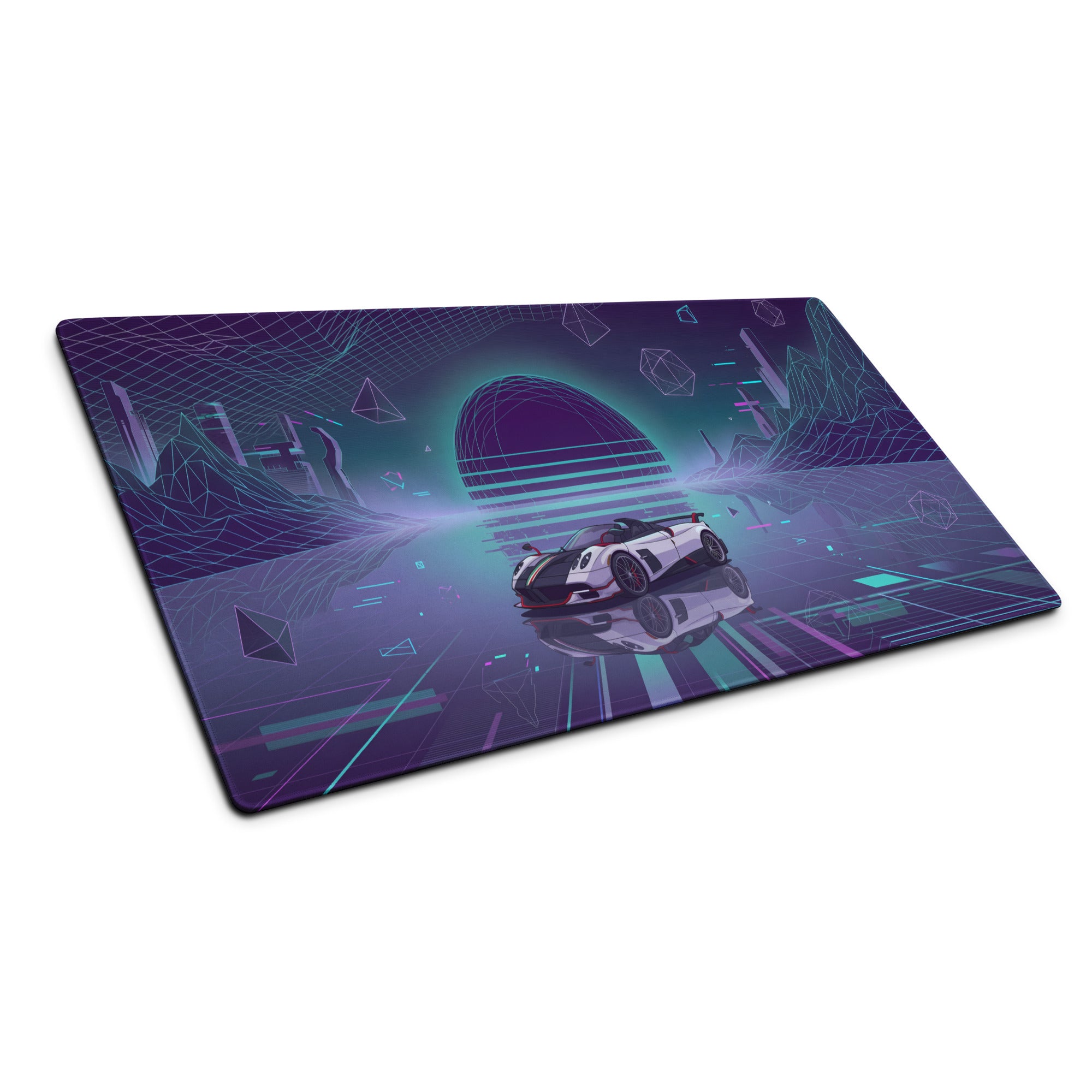 Pagani Huayra Roadster BC Inspired White Vaporwave Gaming Mouse Pad – Neon Cyan Purple Grid Desk Mat with Geometric Mountains and Futuristic Synthwave Art