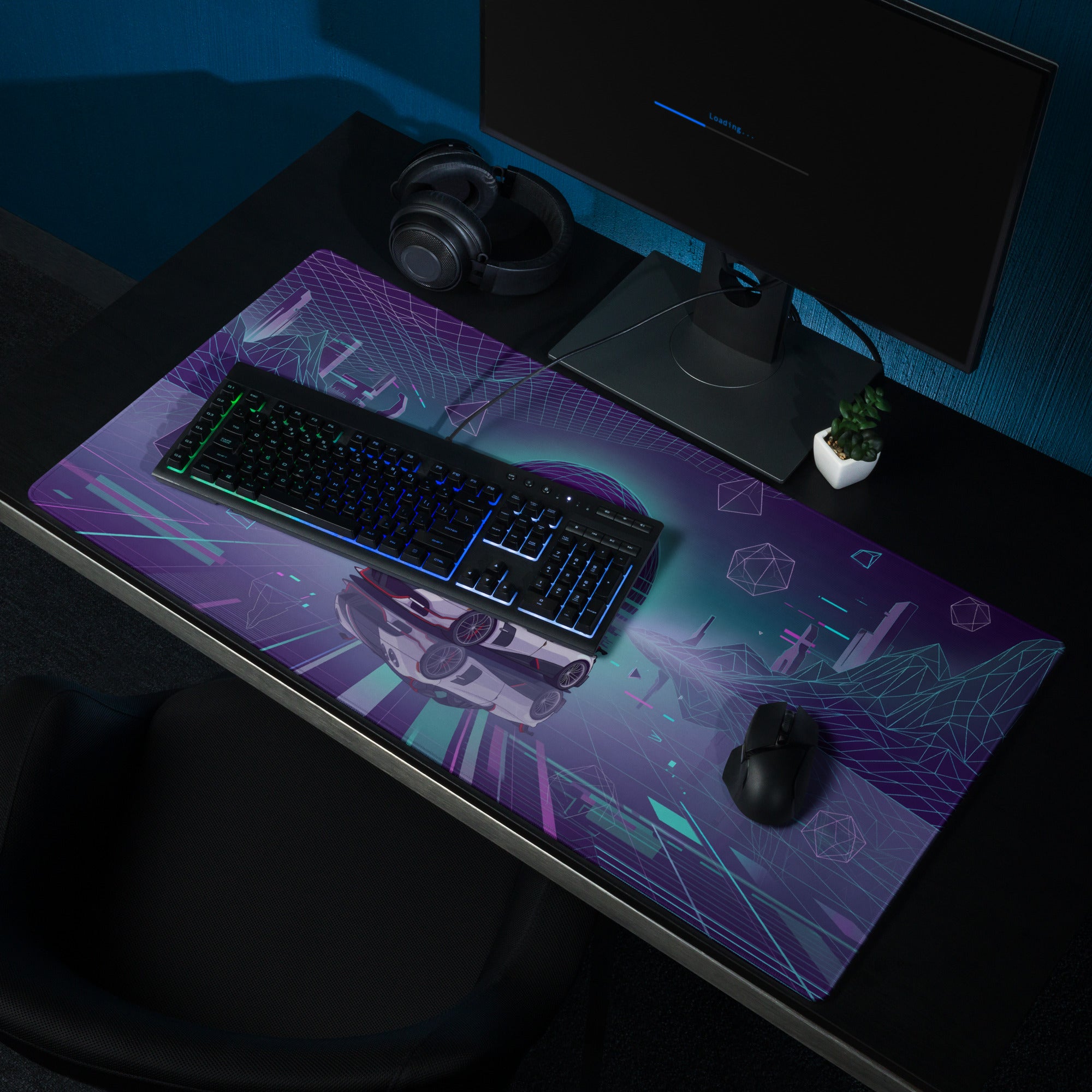 Pagani Huayra Roadster BC Inspired White Vaporwave Gaming Mouse Pad – Neon Cyan Purple Grid Desk Mat with Geometric Mountains and Futuristic Synthwave Art