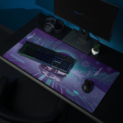 Pagani Huayra Roadster BC Inspired White Vaporwave Gaming Mouse Pad – Neon Cyan Purple Grid Desk Mat with Geometric Mountains and Futuristic Synthwave Art